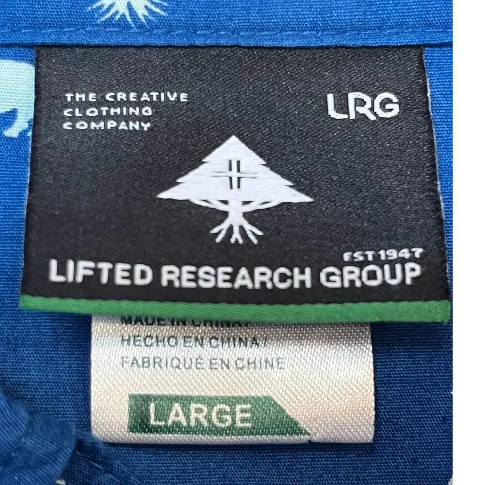 LRG Men’s XL Blue/White Safari Print Short Sleeve Button-Front Shirt Streetwear